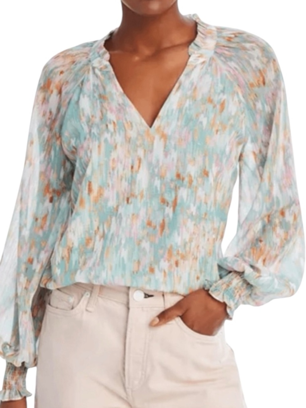 AQUA Soft Pastel Abstract Ruffle Collar Blouson Sleeve Blouse Size Small NWOT